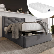 Letto singolo imbottito 90x200 cm con contenitore e rete a doghe; grigio in cotone
