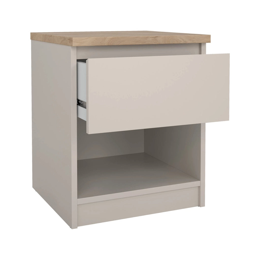 Comodino Solantra, comò basso con 1 cassetto, tavolino da notte compatto e funzionale, 40x40 h50 cm, Beige
