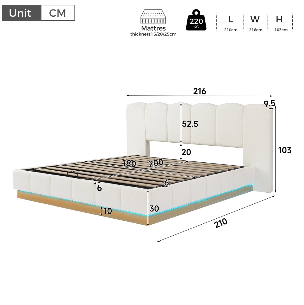 Letto matrimoniale con contenitore 180x200 cm; testiera imbottita in bouclé bianco con LED