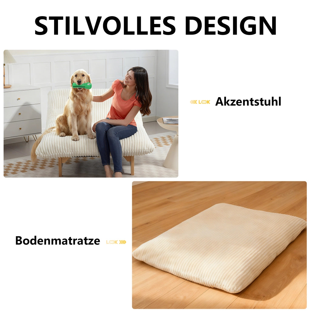 Poltrona pouf in velluto a coste; imbottitura morbida; supporto schiena; bianco; 1 posto
