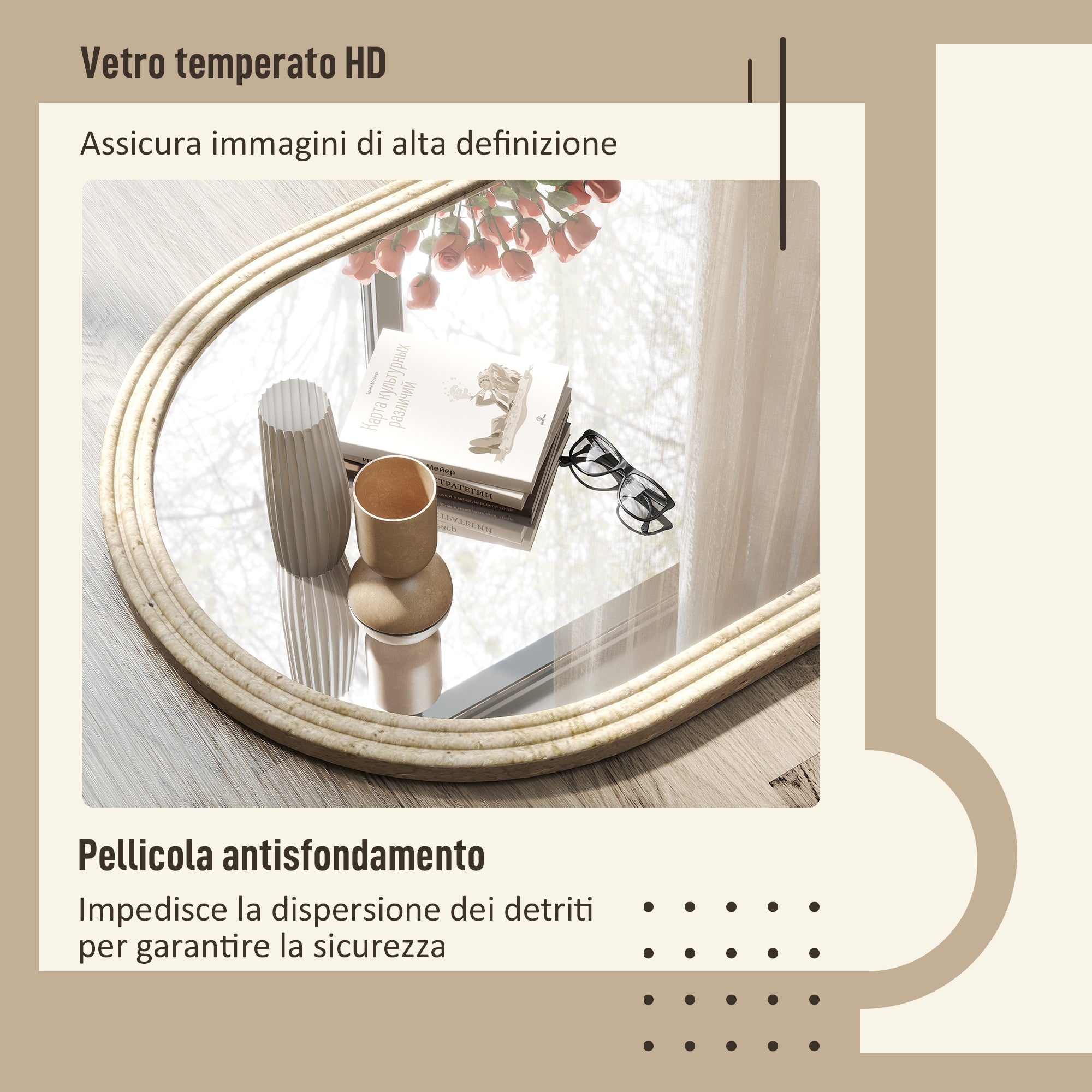 Specchio da Parete ad Arco 60x2x90 cm Cornice Effetto Pietra in Polistirene Beige