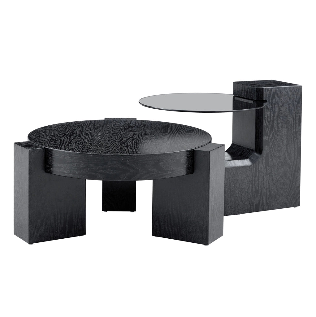 Tavolino da caffè rotondo a due livelli in MDF effetto legno nero e vetro grigio; 61 cm