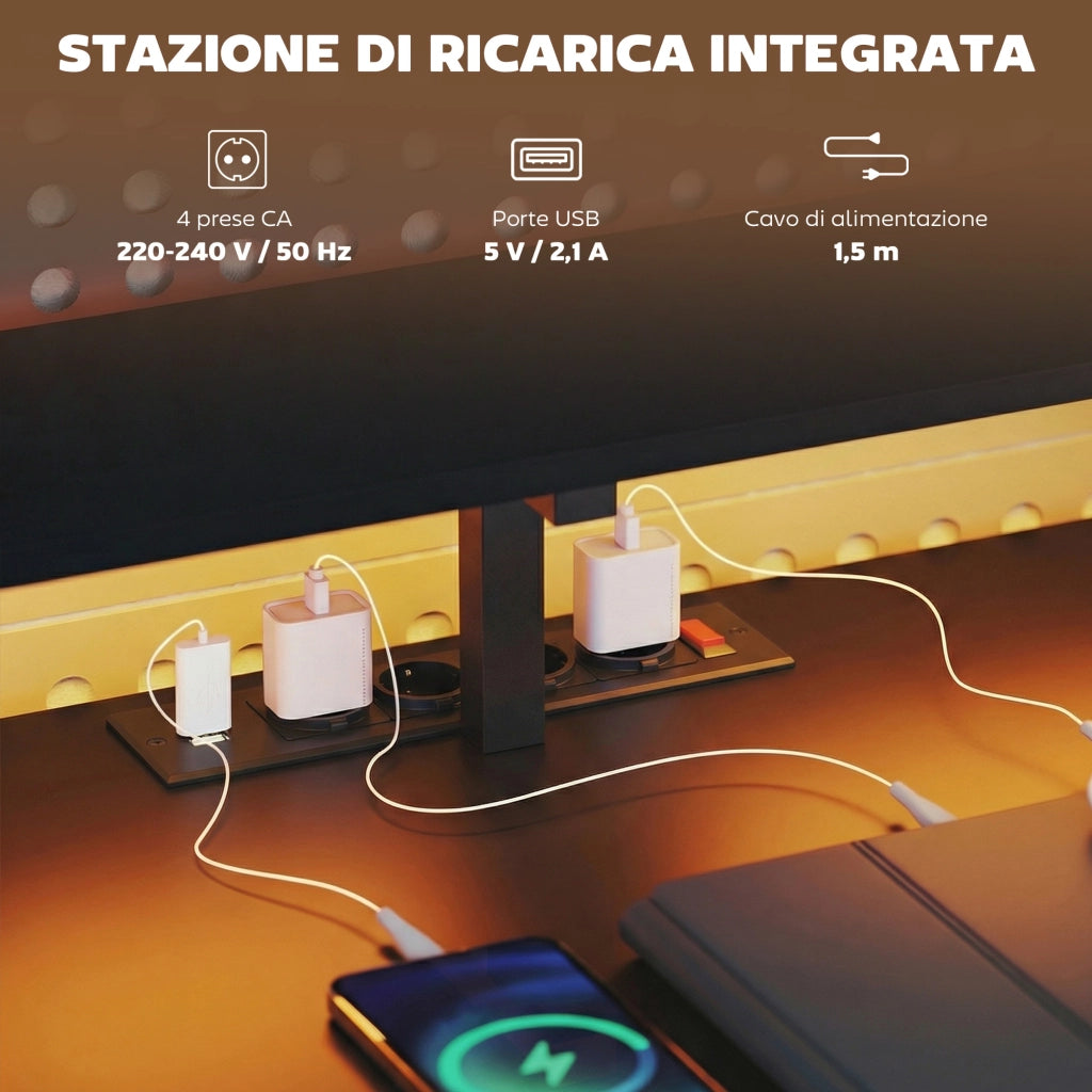 Scrivania Gaming Angolare con Hub Ricarica e LED ¨C Zephmum ¨C Legno e Acciaio Nero 192.5x80x86.5 cm