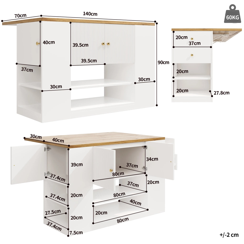 Isola da Cucina con 2 Ante; Cassetti; Ripiani Regolabili e Piano Pieghevole; in MDF e Metallo; Bianco