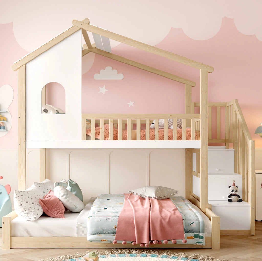 Letto a castello per bambini 90x200/140x200 cm con scala contenitore e sponde; naturale e bianco