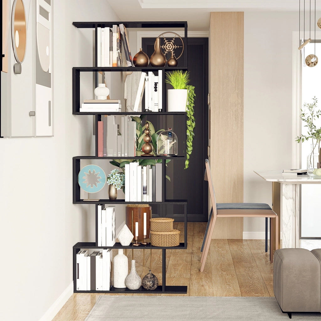 EasyComfort Libreria di Design, Libreria a Parete Nera, 6 Ripiani Scomposti, Struttura a Zig-Zag, Moderna, Resistente, in Legno, per Salotto e Ufficio, 80x24x191cm, Nero