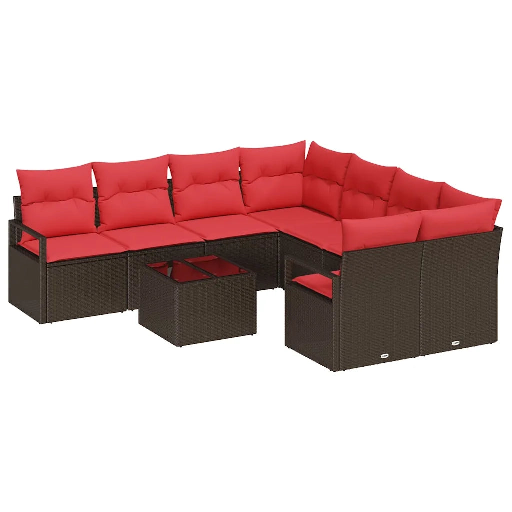 Set di divani con cuscino 9 pcs Marrone e Rosso polyrattan