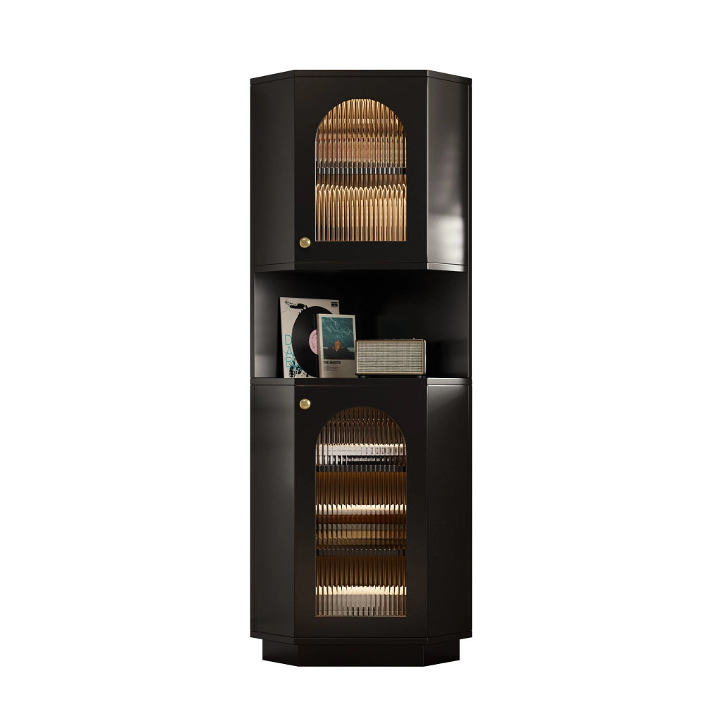 Mobile bagno angolare nero in MDF con luce interna e ripiani regolabili