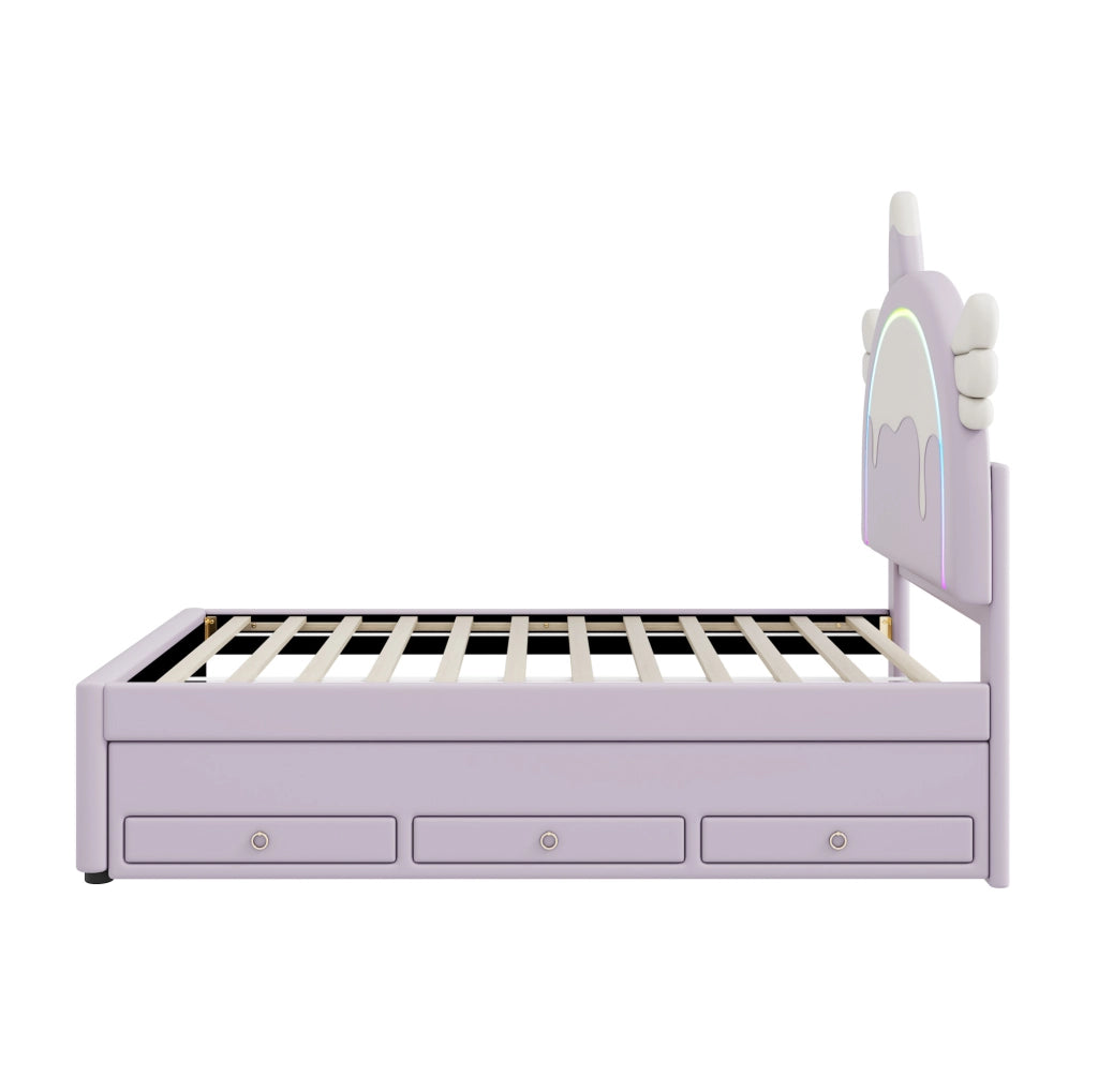 Letto per bambini 90x200 cm con letto estraibile e cassetti; PU e MDF; viola
