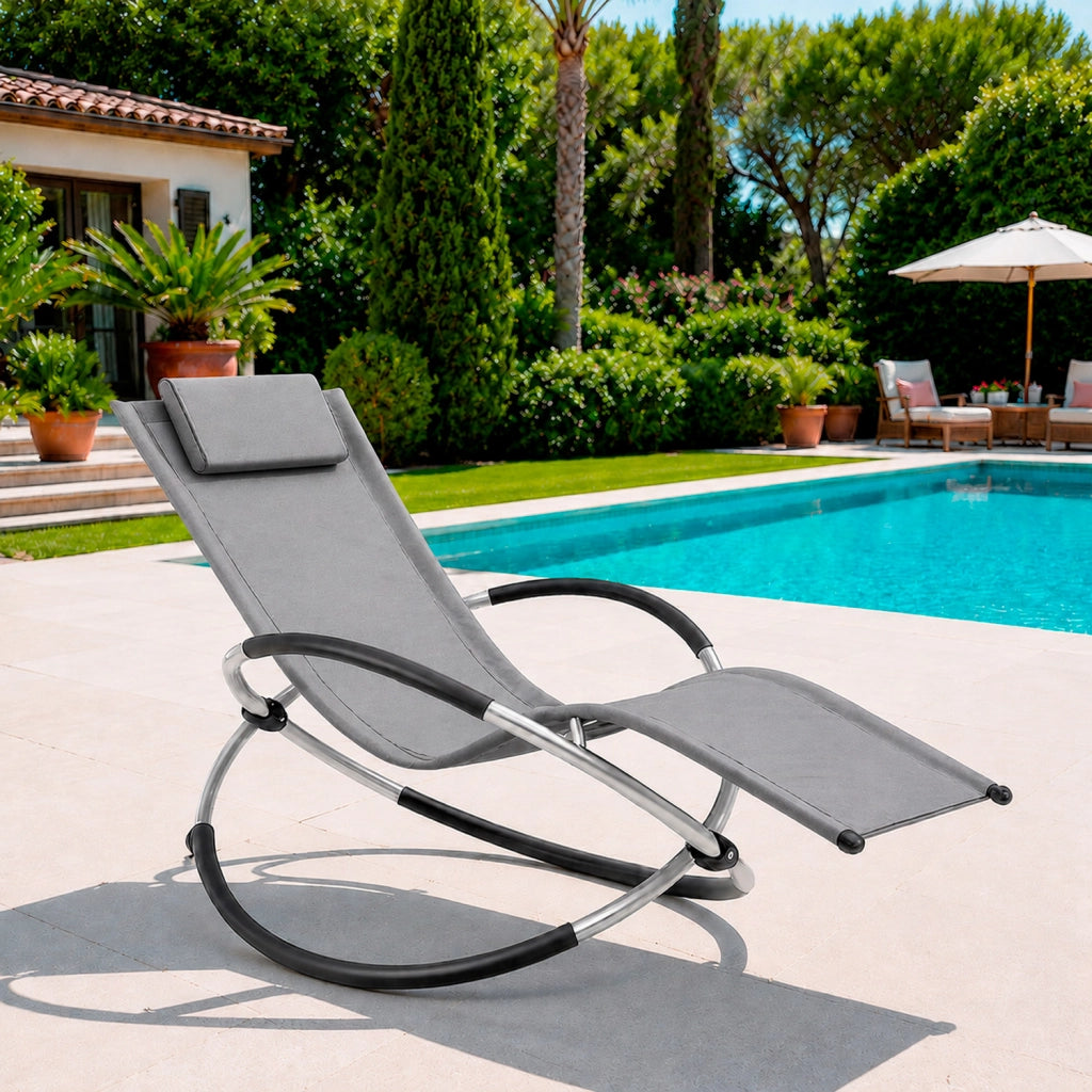 Dondolo Reclinabile Da Giardino Con Poggiatesta Removibile In Textilene Traspirante Telaio Metallo Relax Outdoor 73 x 150 x 93 Cm Grigio