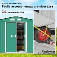 Casetta da Giardino 4.9 m² con Fondazione, 4 Prese d'Aria e 2 Porte Scorrevoli, Capanno Porta Attrezzi in Lamiera d'Acciaio, 277x195x192 cm, Verde Scuro