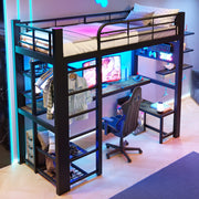 Letto a soppalco 90x200 cm in metallo con scrivania, LED e scaffali