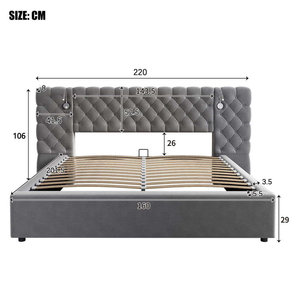 OKWISH Letto Contenitore 160×200 cm, Letto Matrimoniale con Sollevamento Idraulico, LED Regolabile, Lampada da Lettura e Testiera Ampia, senza Materasso, in Velluto, Grigio