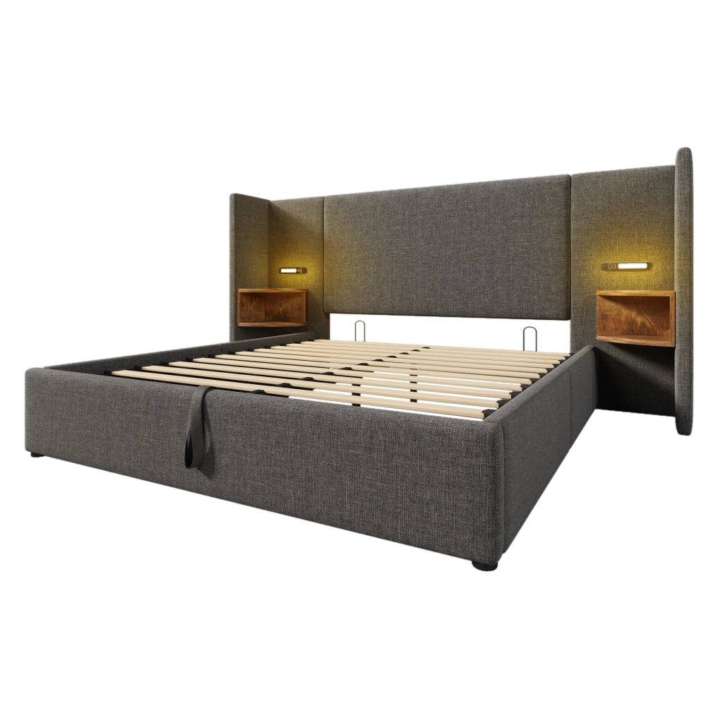 Letto matrimoniale 160x200cm con testiera multifunzione, LED, USB/Type-C e contenitore
