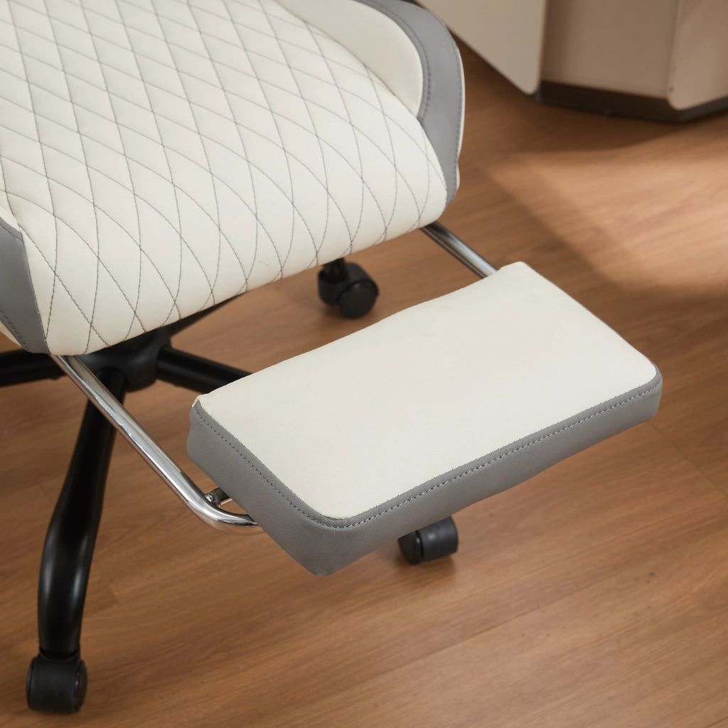 Sedia da gaming con schienale alto reclinabile e poggiapiedi, supporto lombare e braccioli imbottiti in PVC bianco e grigio