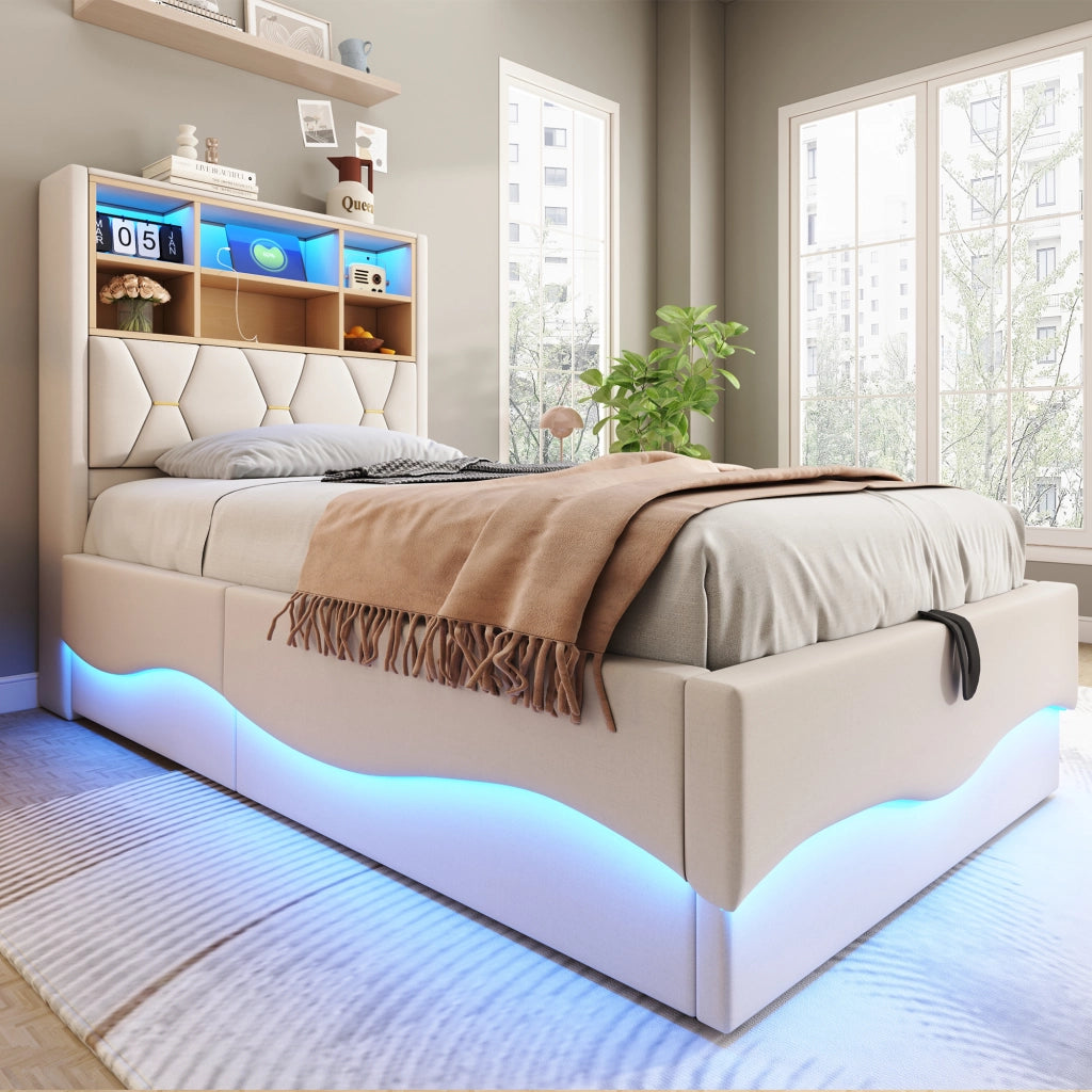 Letto contenitore singolo 90×200 cm con LED; USB e rete sollevabile; senza materasso; ferro; beige