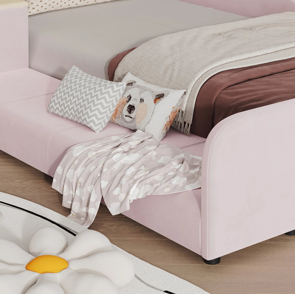Letto imbottito per bambini 90x200 cm con scrivania, sgabello e ripiano in velluto rosa
