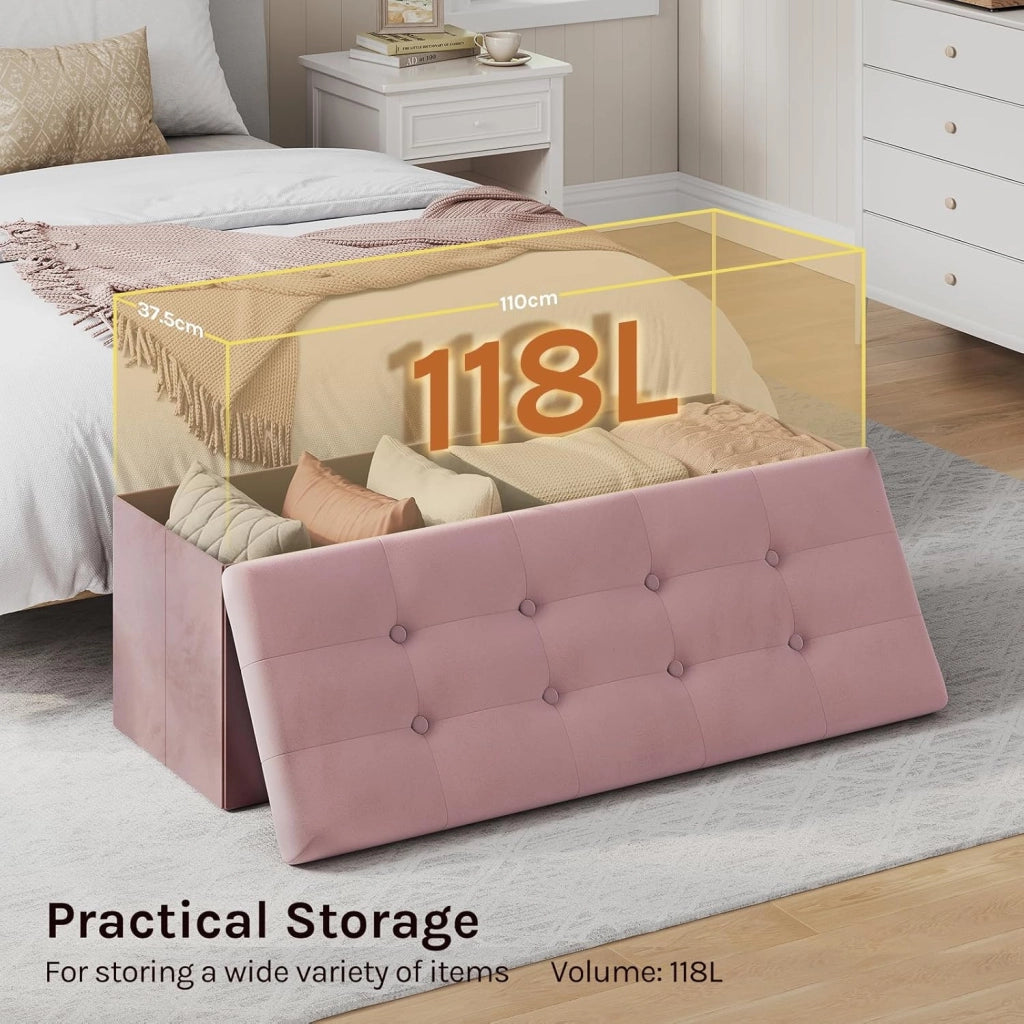 Panche Contenitore per Ingresso Cassapanca Pieghevole Ottomane in Velluto, Max Portata Statica di 300 kg, 118 L, 110x37,5x38 cm, Rosa chiaro