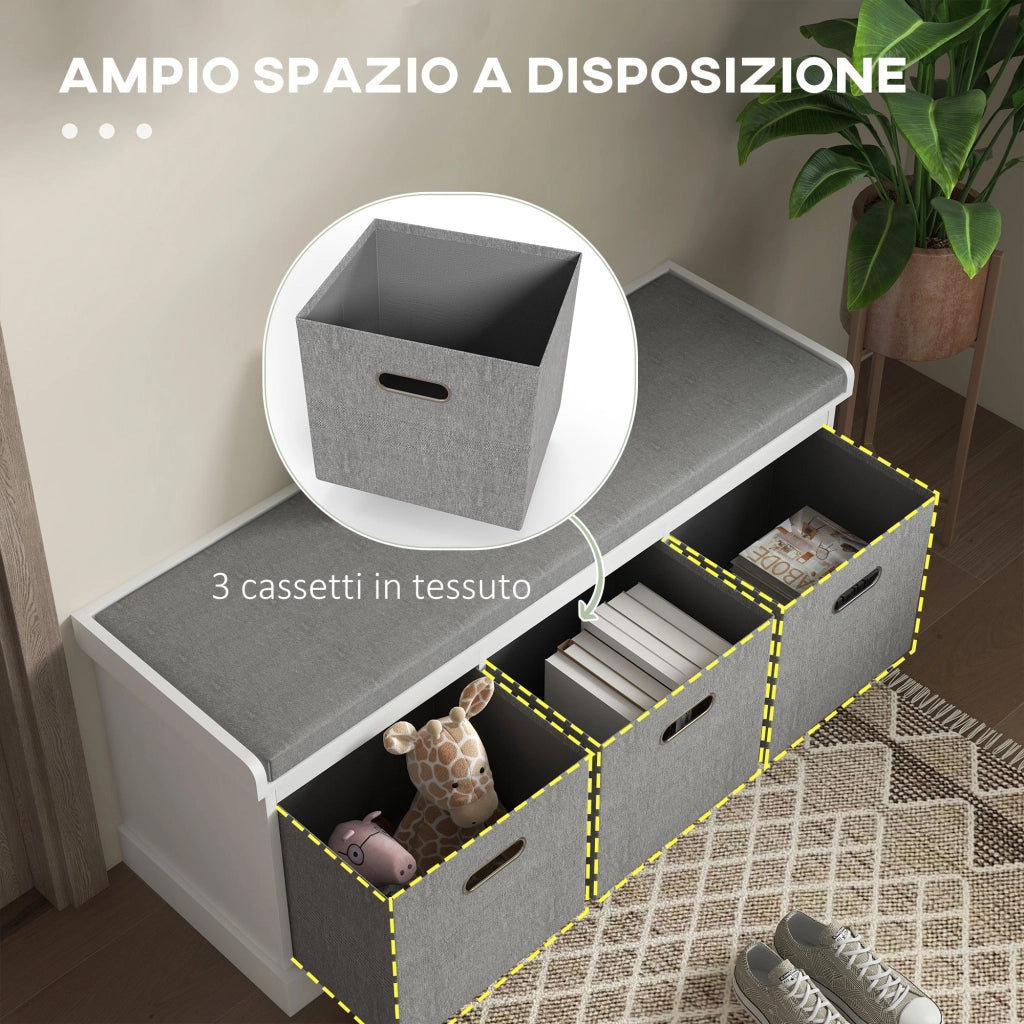 Panca Scarpiera 105x35x47 cm 3 Ceste e Seduta Imbottita in Legno Bianco e Grigio