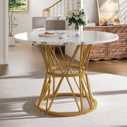 Tavolo da pranzo rotondo 100x100x76 cm con piedini regolabili; piano in MDF effetto marmo oro