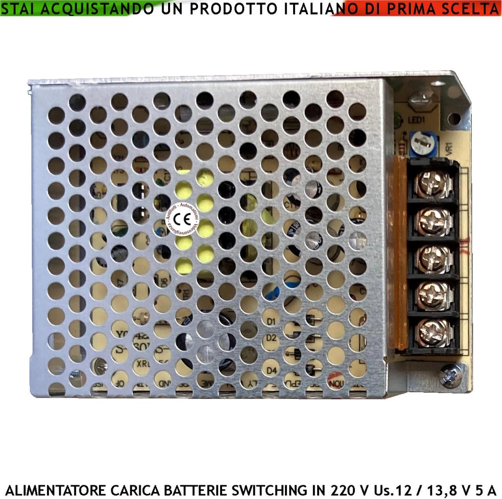 Alimentatore Switching Carica Batterie Tipico Antifurto Ingresso 230 V 50 Hz Uscita Tarato Securvera 13,8 Vcc 5,0 A Tensione Regolabile +/-15% da 12 a 13,8 V ripple 50mVp-p Parte Macchina Stabilizzato