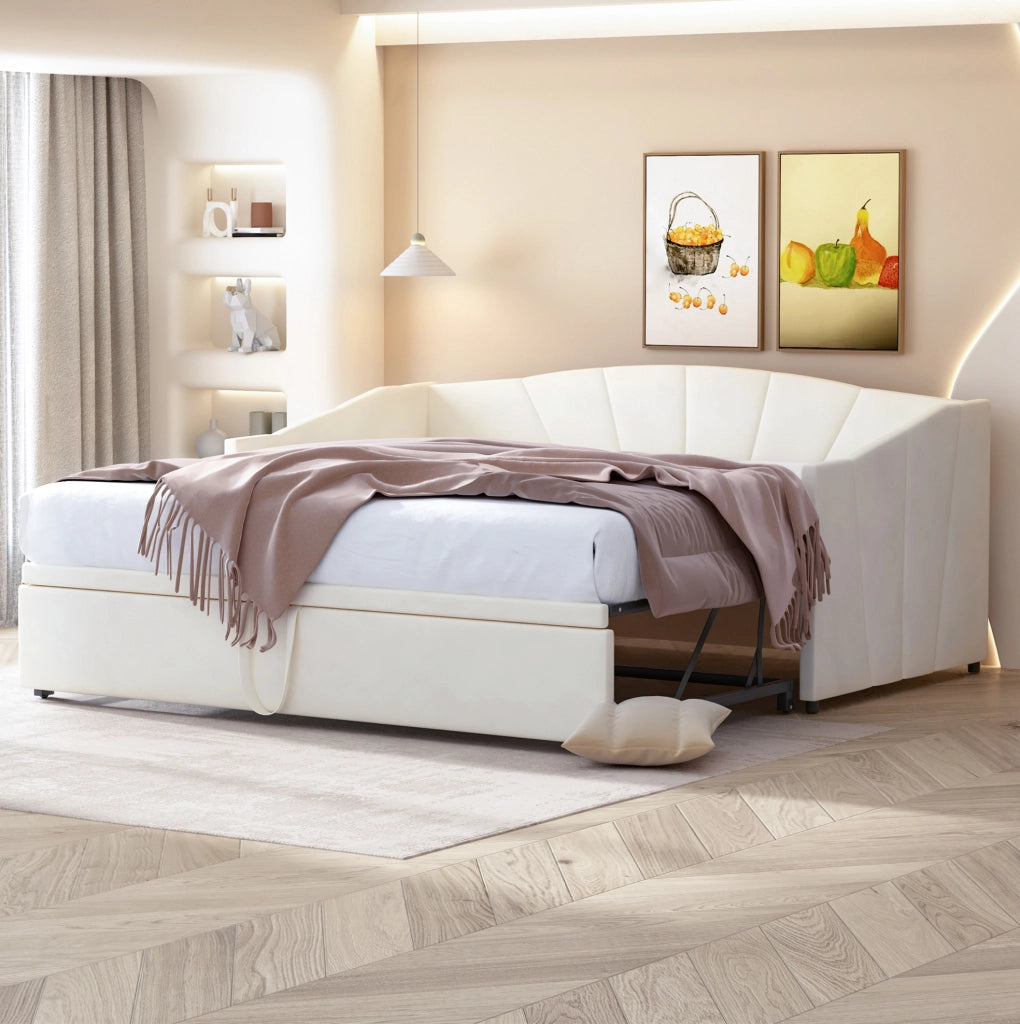 Divano letto 90x200 cm Estraibile; rete in legno; velluto beige; senza materasso