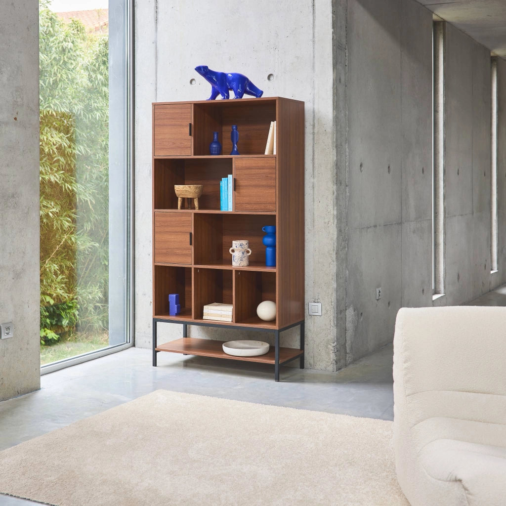 Libreria effetto legno tinto noce, 9 scomparti, noce