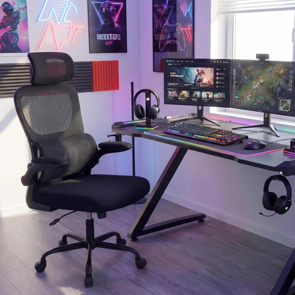 Sedia da Ufficio Ergonomica, Sedia da Scrivania Computer, Poggiatesta e Supporto Lombare, Regolabile in Altezza, Portata 120 kg, Nero