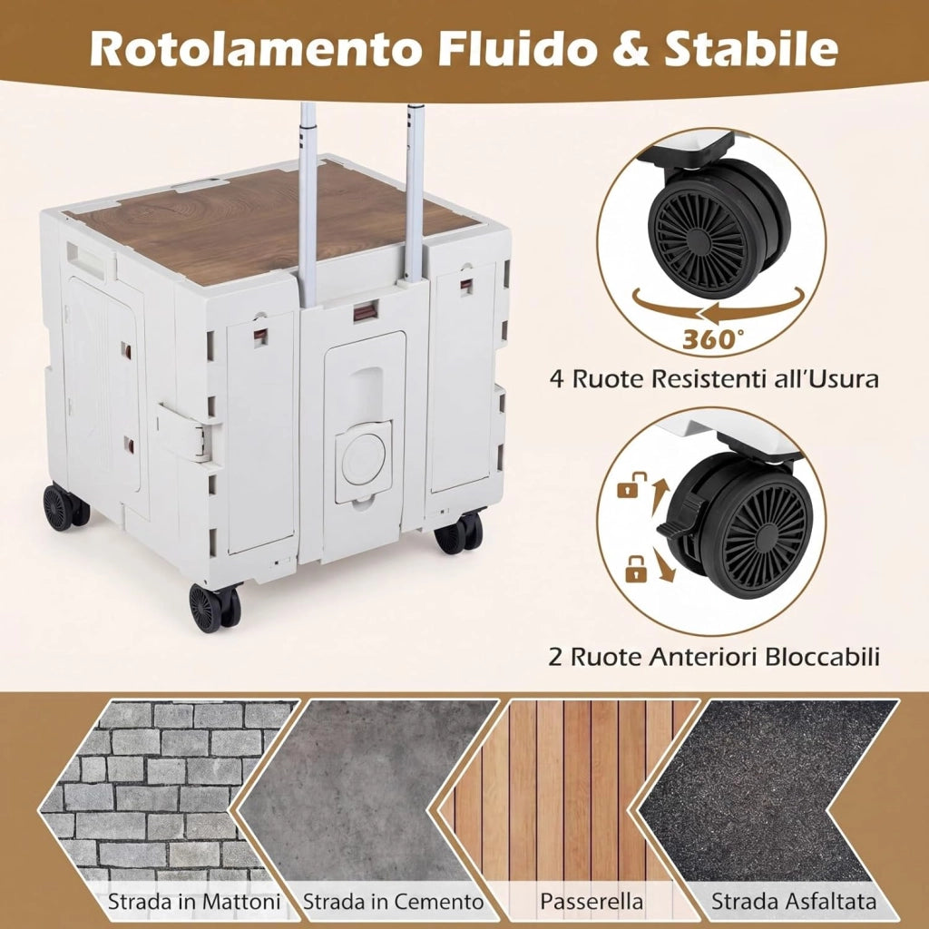 Carrello Spesa con 4 Ruote, 75 L, Carrellino Pieghevole con Manico Telescopico e Regolabile e Coperchio, Trolley Portatutto per Shopping, Campeggio, Picnic e Attrezzi