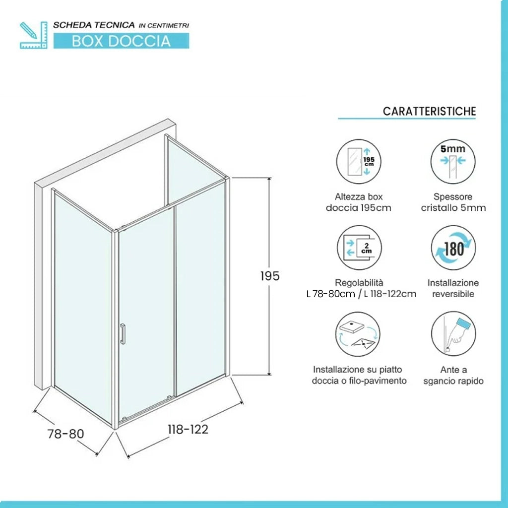 Box doccia 3 lati 80x120x80 in vetro temperato trasparente scorrevole con profili bianchi Tay