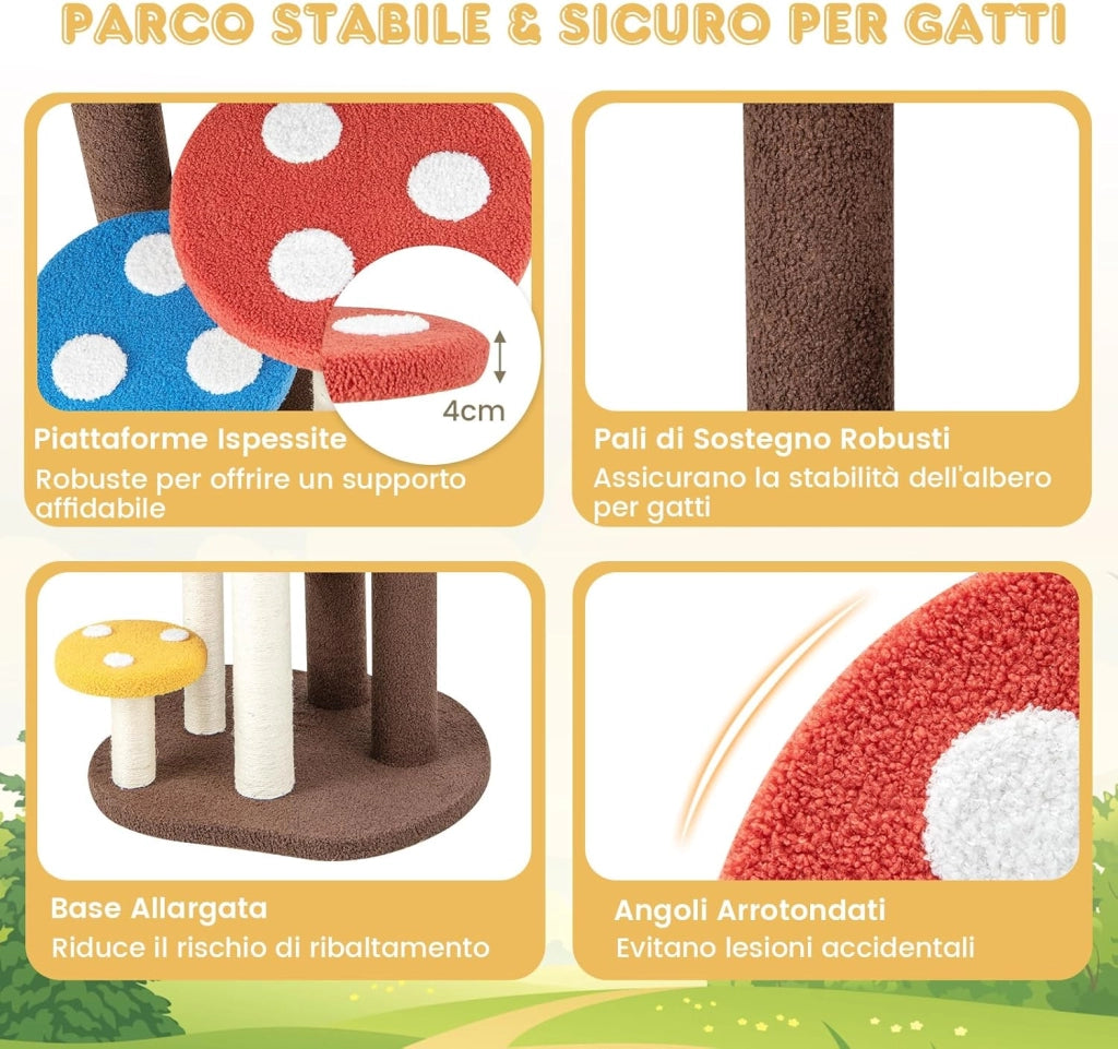 Albero per Gatti 3 in 1, Torre per Gatti a 5 Livelli con 3 Pali in Sisal, Tappetino e Piattaforme Rimovibili, Centro Attività per Gattini a Fungo