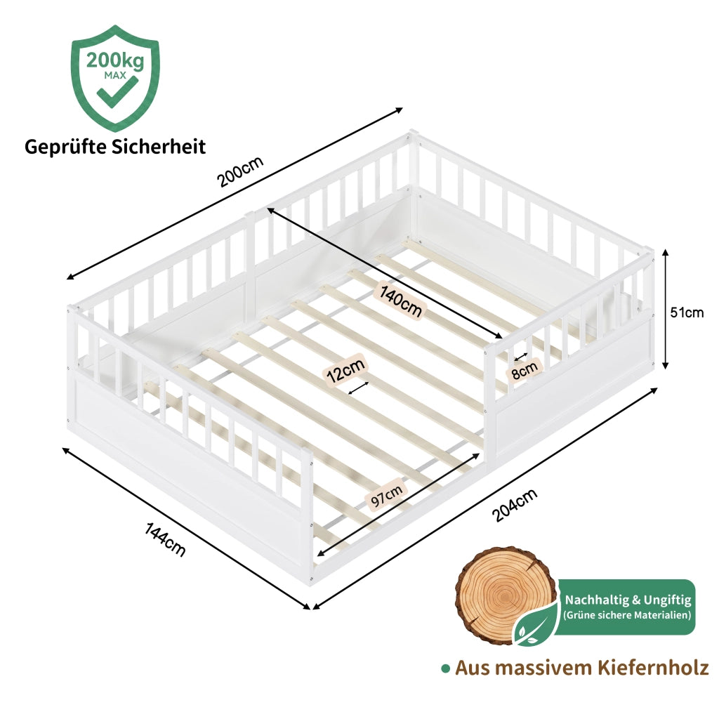 Letto per bambini, 140 x 200 cm, struttura in legno massello, sponde di sicurezza, bianco