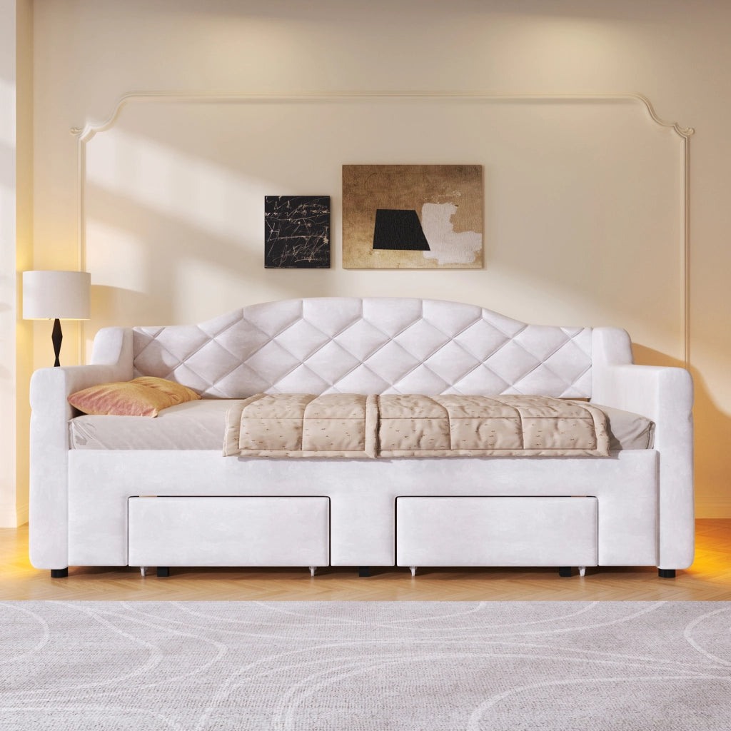 Letto imbottito - Zephmum- 90x200-180x200 cm - Bianco - Con due cassetti e illuminazione LED