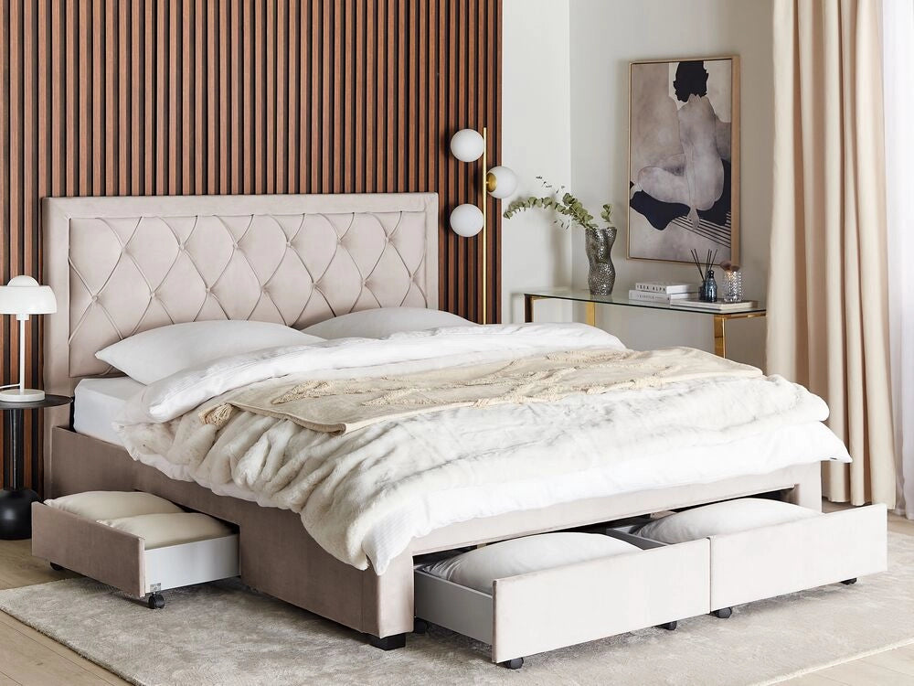 Letto contenitore tappezzeria in velluto beige 180 x 200 cm trapuntato testiera alta cassetti Glam Design