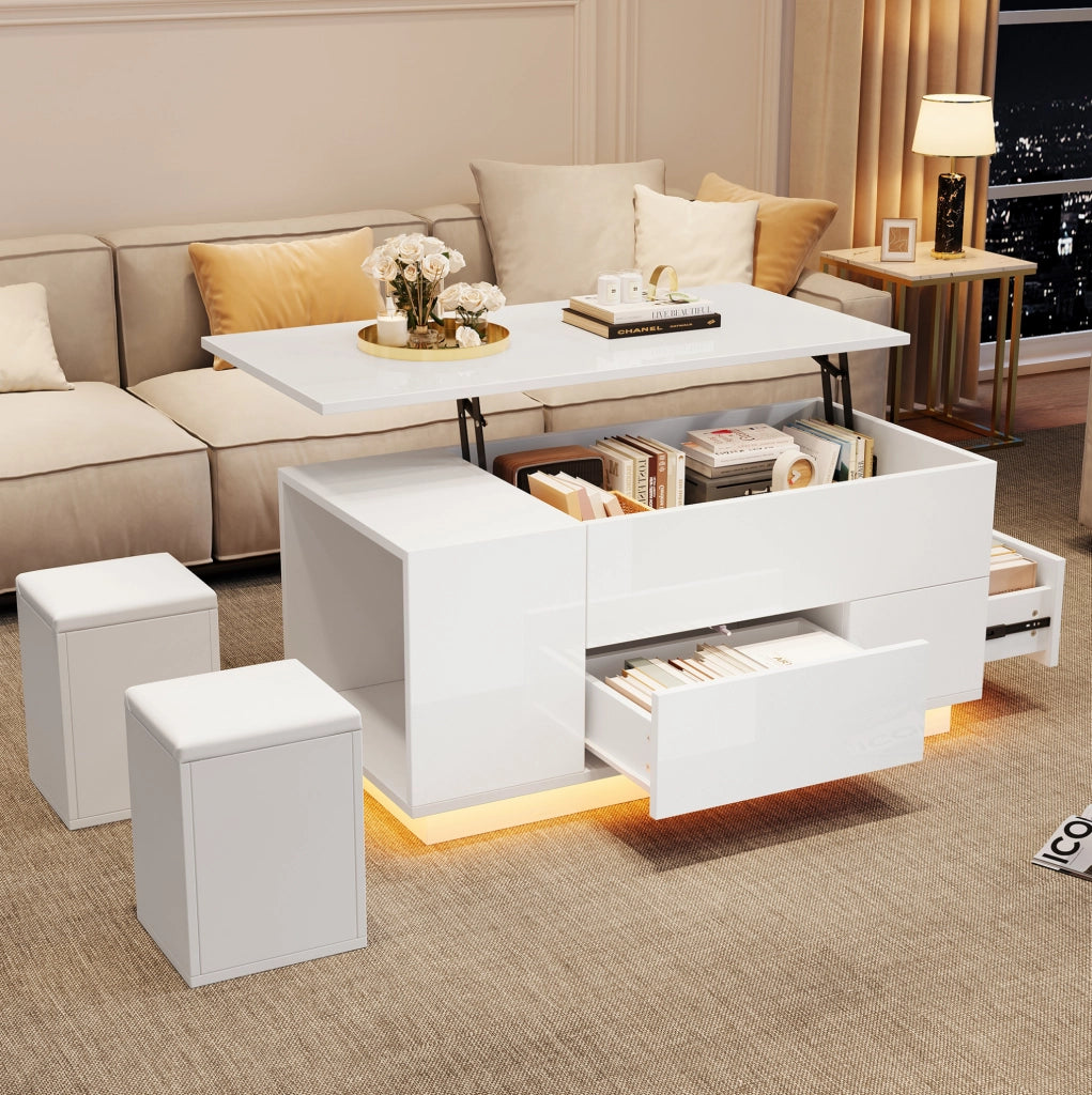 Tavolino da caffè elevabile 100x50x45 cm con LED; 2 cassetti e 2 sgabelli; bianco