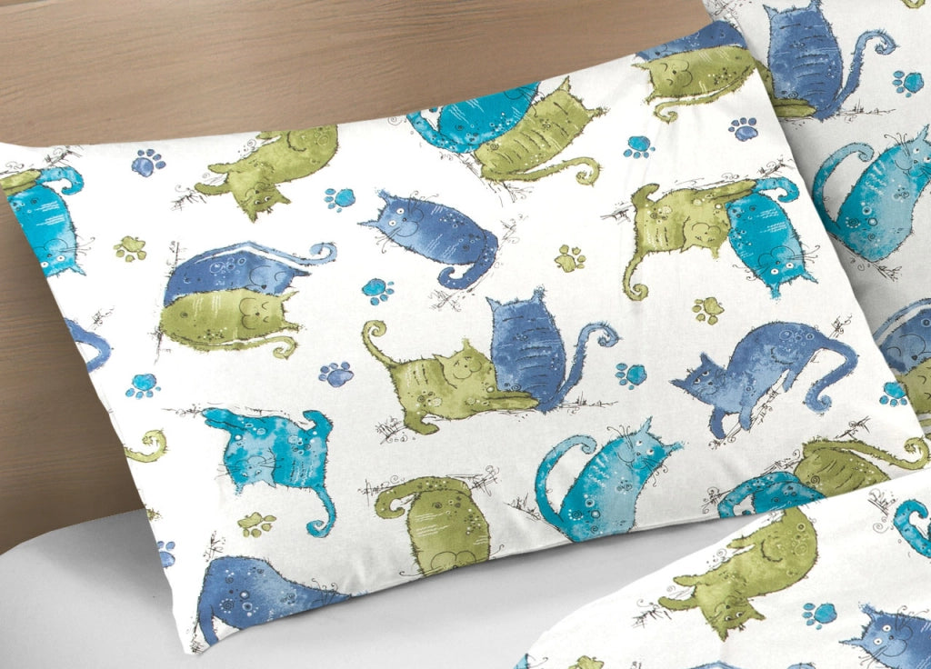 Sacco Copripiumino Piumone Letto In 100% Cotone Disegno Gatti Mod RP Micio Colorato Animali Made Italy - Piazza E Mezza - Blu