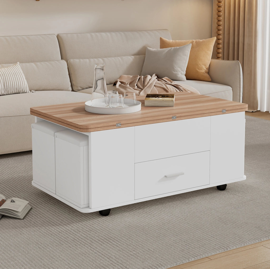 Tavolino trasformabile elevabile con 4 sgabelli, bianco legno