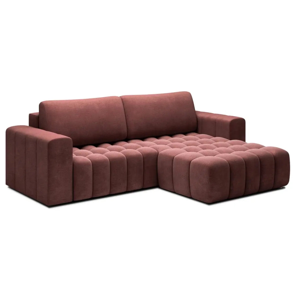 Divano angolare trasformabile DORY rosa 250 cm con vano contenitore angolo destro