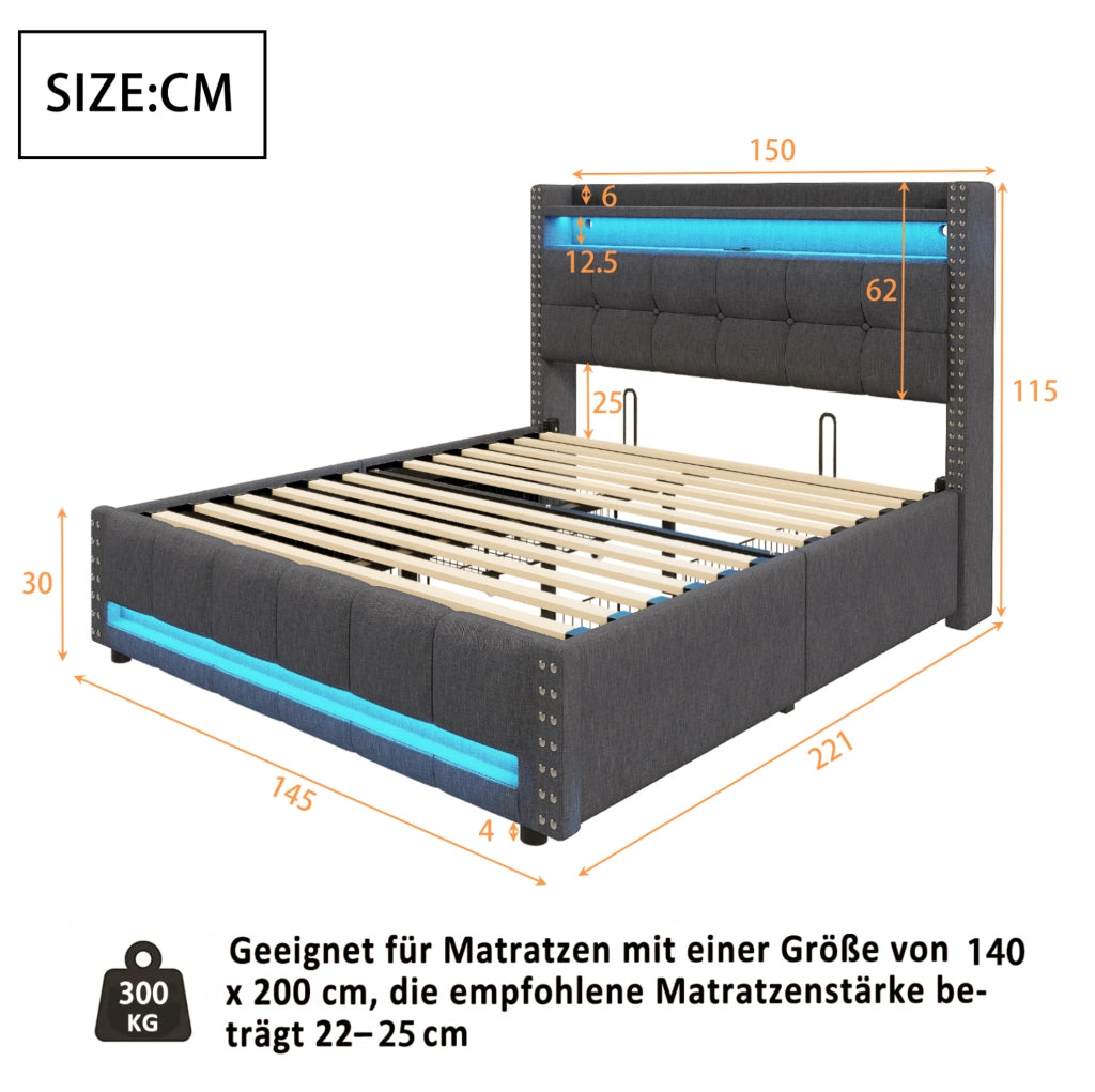 Letto matrimoniale 140x200 cm con LED; porta USB e contenitore; tessuto di lino grigio