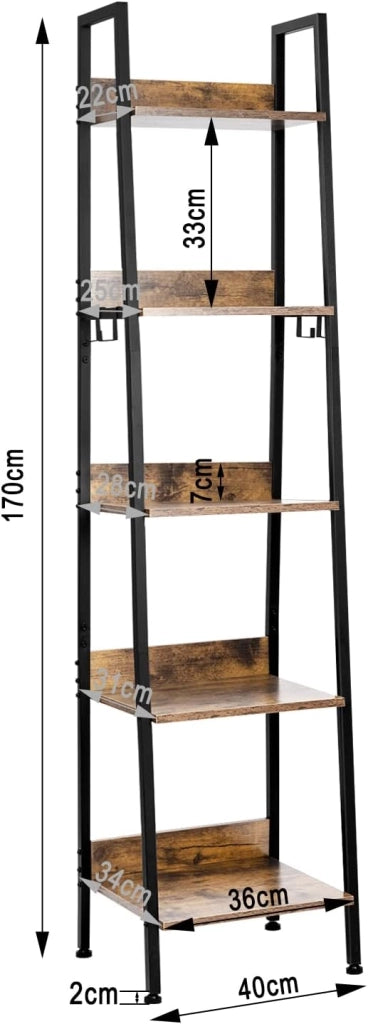Libreria a 5 Ripiani, Scaffale con 4 Ganci Industriale, Scaffale a Scala in MDF e Metallo per Soggiorno, Cucina, Studio, Ufficio,Nero,40x36x170cm RGB9289hov