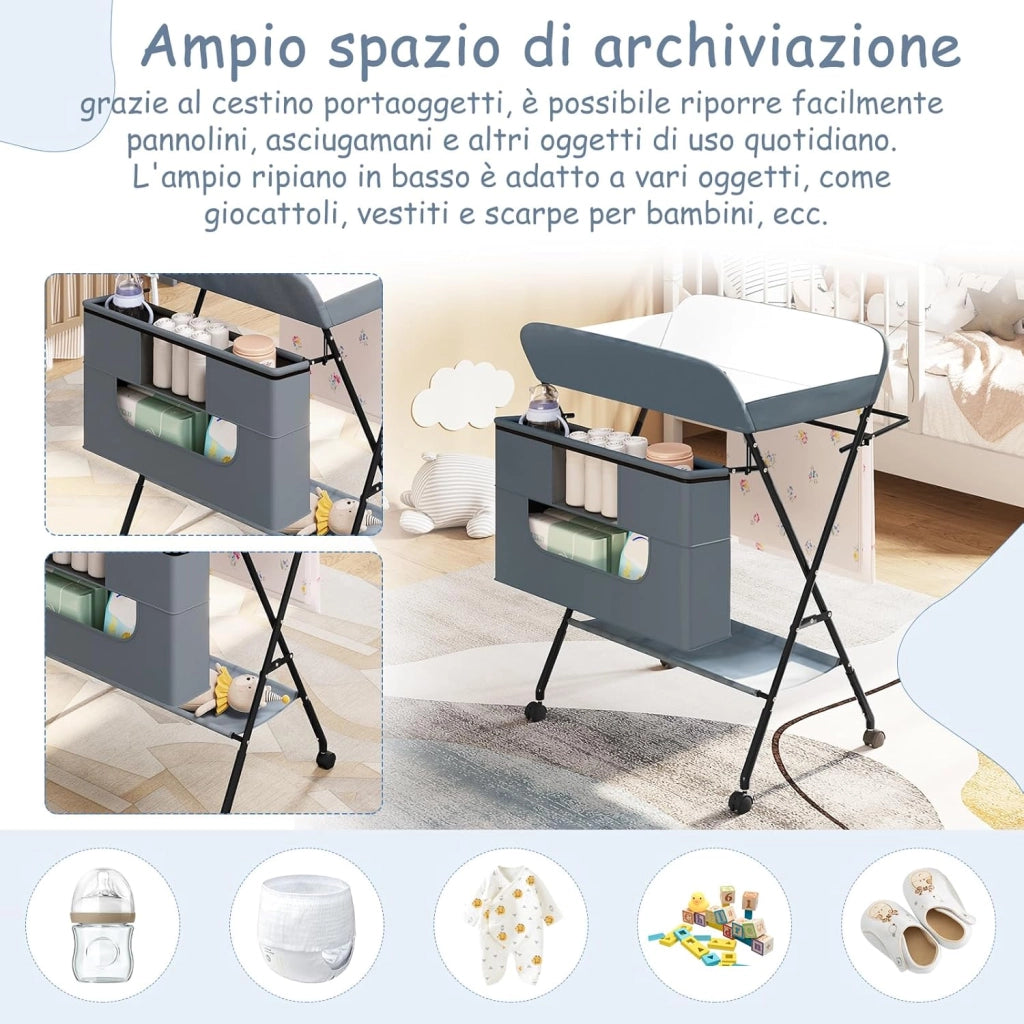 Fasciatoio per Neonati Pieghevole e Portatile, Fasciatoio con Ruote Bloccabili, Cestino, Barra e Ripiano Inferiore, Tessuto Oxford, Grigio