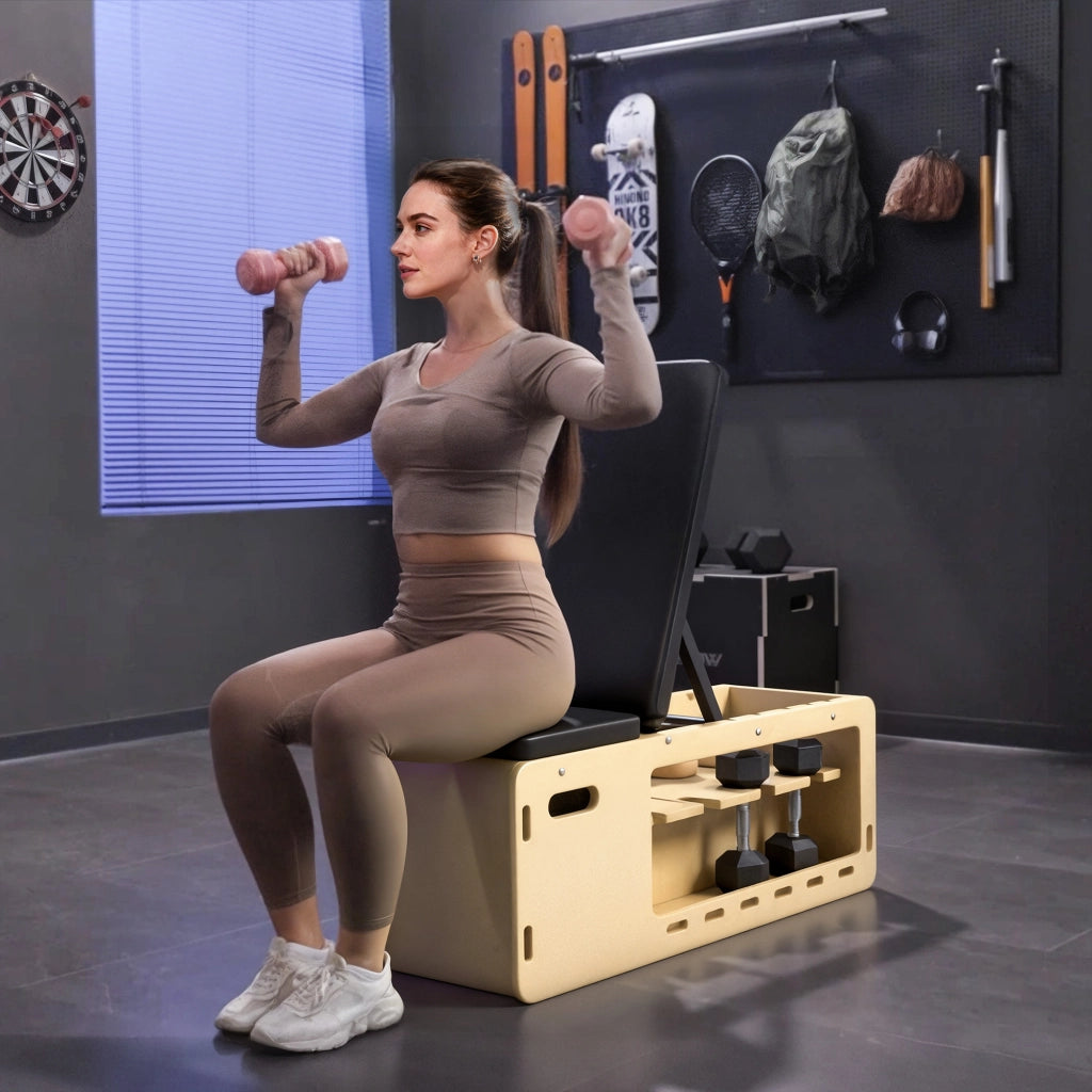 Panca Multifunzione con Schienale Regolabile Vano Contenitore Rack per Pesi ed Elastici in Legno