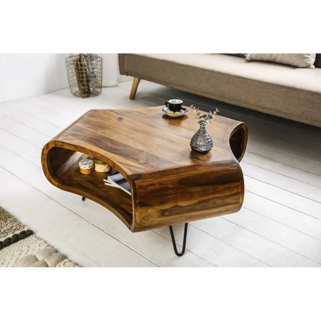 Tavolino basso NERA 90 cm in legno massiccio di Sheesham con nicchia e piedi in metallo nero - stile retro industriale