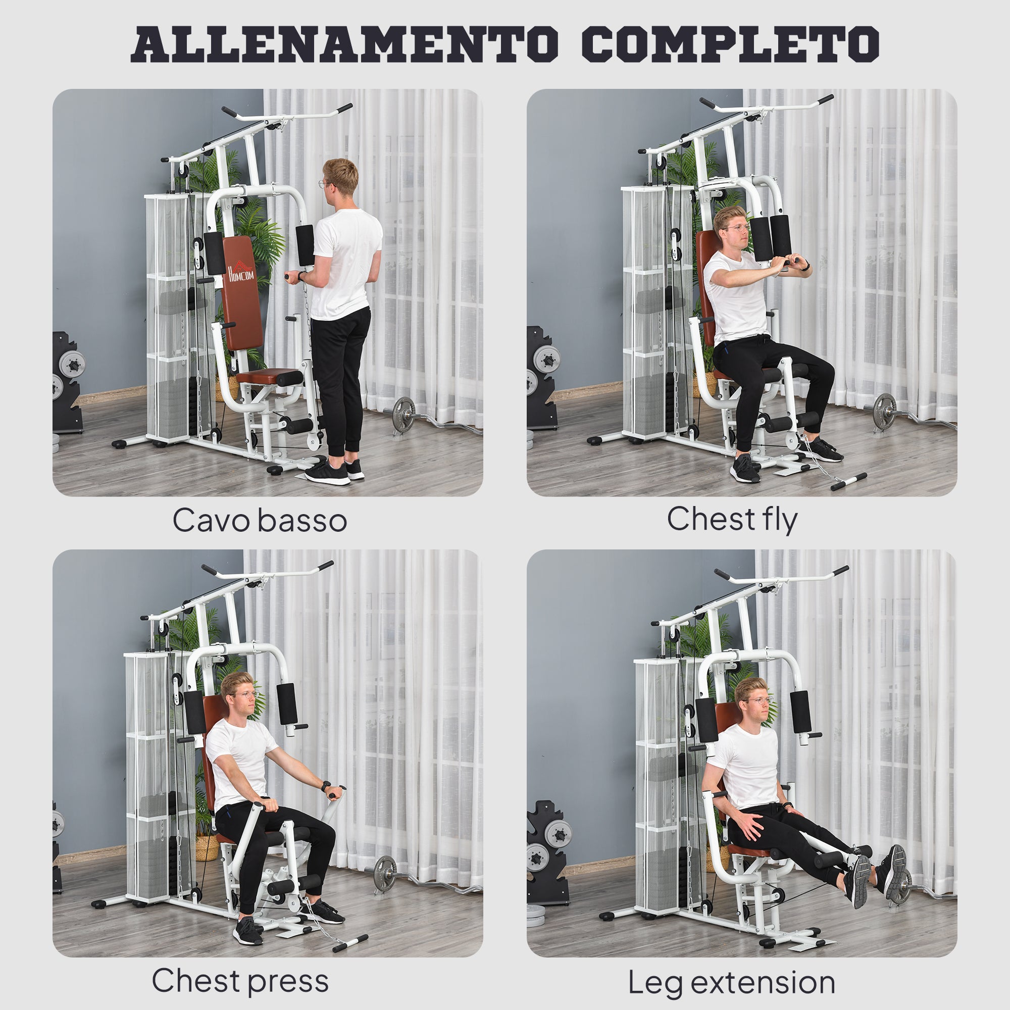 Stazione Fitness Multifunzione 150x110x210 cm in Acciaio e PU Bianco