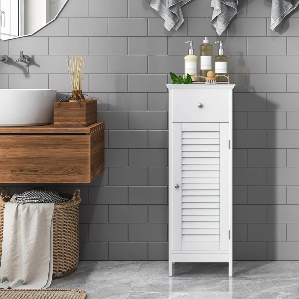 Armadietto portaoggetti da pavimento per bagno, autoportante, con 1 anta, 1 cassetto e ripiano regolabile a 3 altezze, armadio sottile, organizer per camera da letto, soggiorno, corridoio