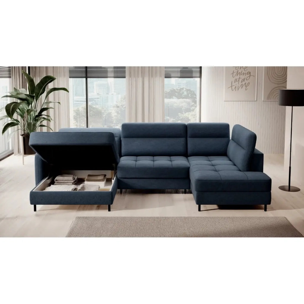 Divano ad angolo convertibile BERTHO 306 cm blu notte – Angolo sinistro con contenitore