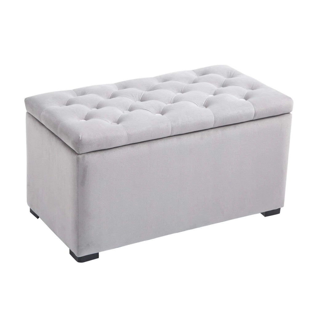 Panca Portaoggetti Set di 3 Pezzi con 2 Sgabelli Pouf in Velluto, Grigio Perla