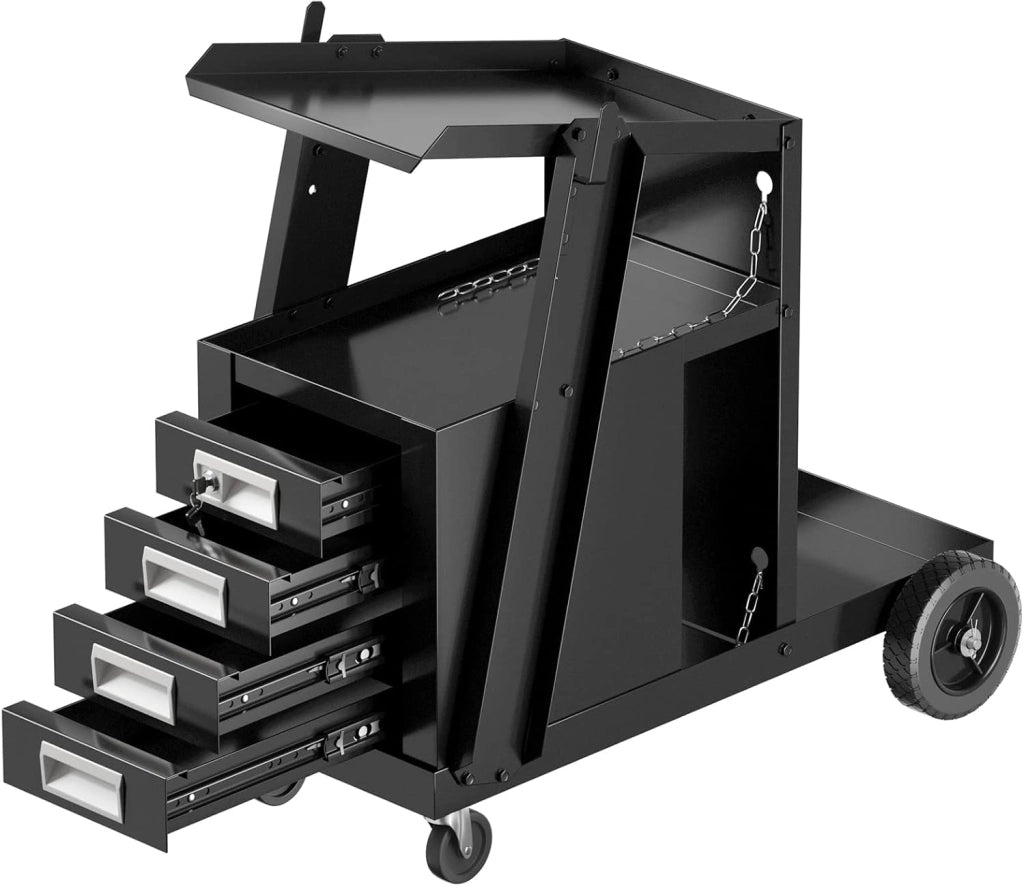 Carrello in Acciaio per Trasporto Saldatrice con Portabombola, Carrello Porta Saldatrice con 4 Cassetti, Nero