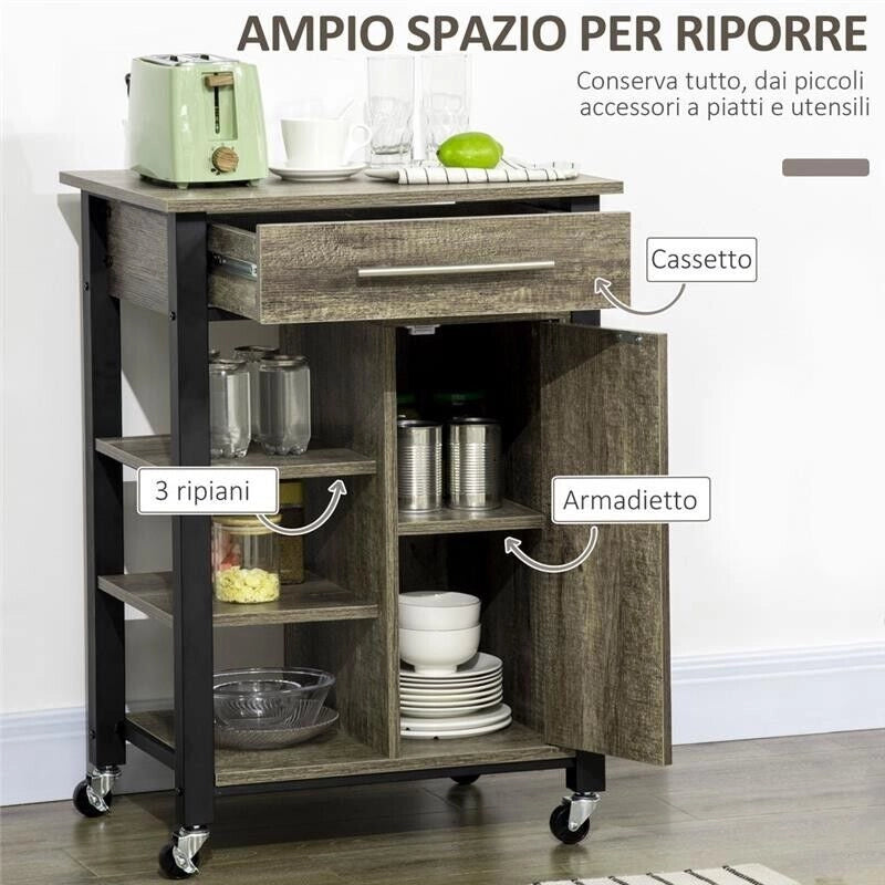 CARRELLO DA CUCINA PORTAVIVANDE CON RUOTE  60X50X84.5CM MARRONE SCURO