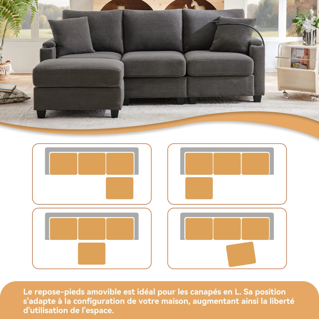 Divano angolare reversibile 3 a 4 posti con pouf, USB e vano portaoggetti, in velluto a coste, grigio scuro